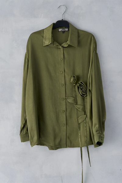 MERCI MS FANCY Gül Aplikeli Dökümlü İpek Gömlek