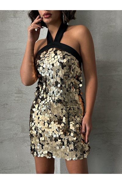 Miss Allos Women's Halter Neck Sequin Detailed Mini Length Dress