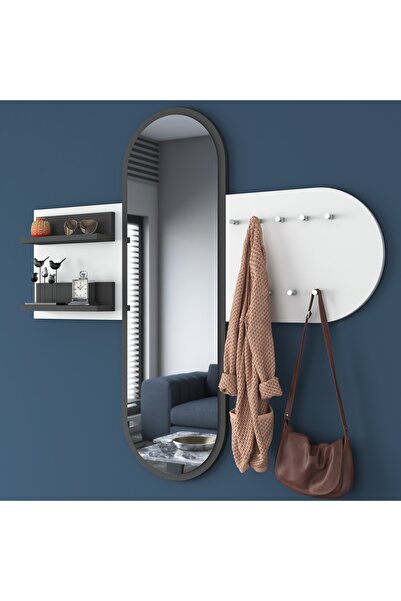 Rani Mobilya Rani P3 Aynalı Duvar Askısı Boy Aynası Antrasit - Beyaz Vestiyer