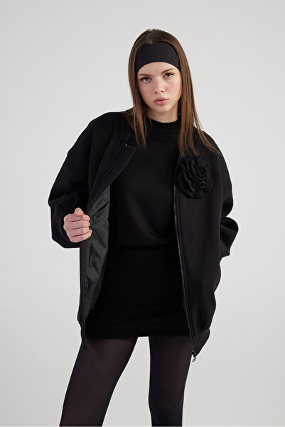 HOLLY LOLLY Black Alexa Bomber Jacket - Detachable Rose Detail and Lining