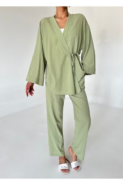 Laluvia Çağla részletes oldalkötésű vászonszövet kimonó szett