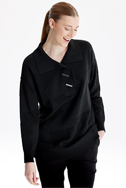 Tığ Triko Polo Yakalı Kabartma Örgülü Triko Tunik SİYAH