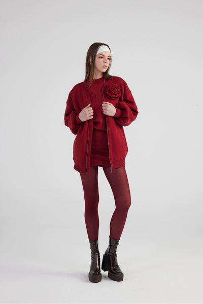 HOLLY LOLLY Claret Red Alexa Bomber Jacket - με αφαιρούμενη λεπτομέρεια τριαντάφυλλου και επένδυση