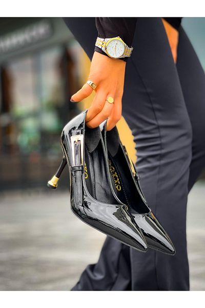 Buem Shiny Patent Leather Gold Heel and Buckle Detailed Daily Heeled Women's Shoes
