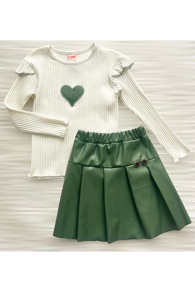 Murat Baby Girls Green Leather Skirt Heart Blouse Bottom-Top Suit