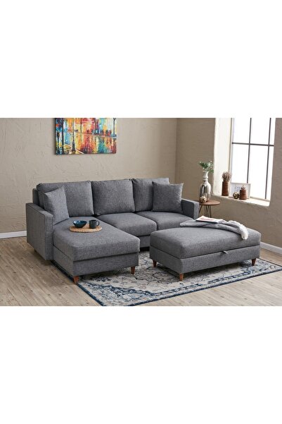 Vivense Eva Serisi Yataklı Puflu Köşe Koltuk, Gri, Sol Köşe