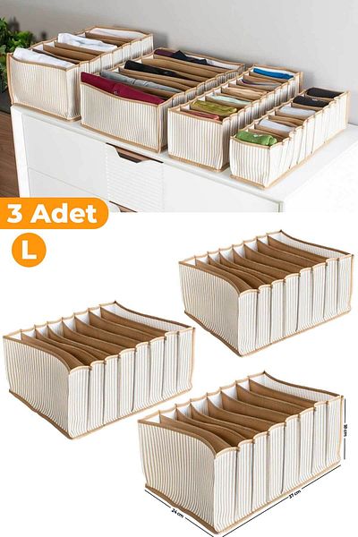 Serstil Μπεζ ριγέ Organizer 8 Διαμερισμάτων - Μεγάλο 24 x 37 x 18 cm 3 Τεμάχια