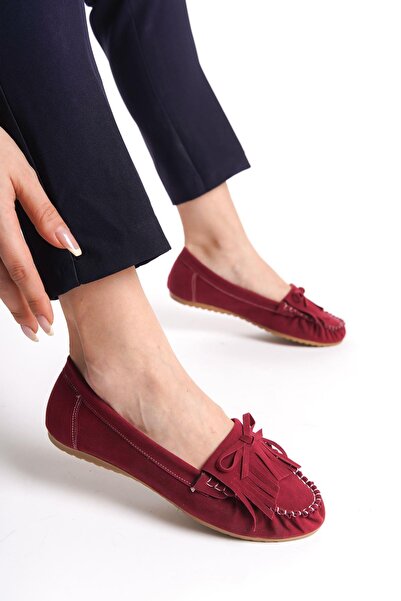 Aymood PS-100 Bordo Süet Püsküllü Günlük Kadın Babet