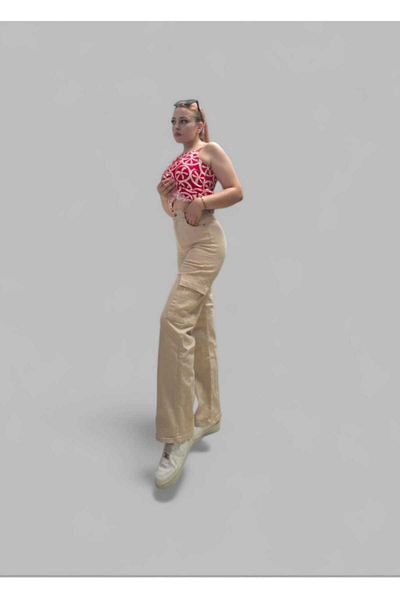 LAMİRA Beige Cargo Pocket Palazzo High Waist Jeans Trousers Queen