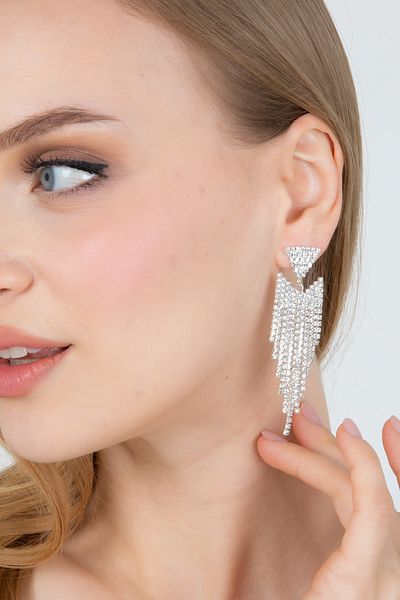 Furtek Aksesuar Women's Triangle Detailed Dangle Zircon Stone Rosario Model Earrings Elegant Engagement Wedding Henna Party Prom