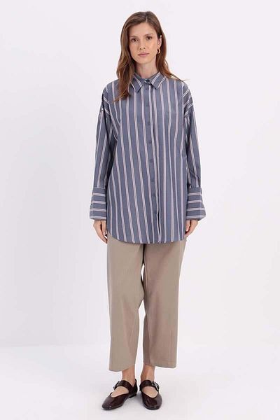 ALLDAY Navy Blue-Red 100% Cotton Striped Shirt Tunic