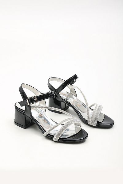 ALTUNTAŞ Girl's Stone Comfortable Sole Classic Heeled Open Front Ankle Shoes Sandals - Black