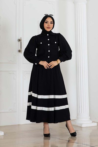 benguen Black Linen Set - Striped Skirt 2062