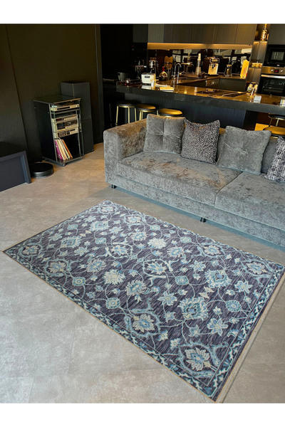 Rugs Modern Halı Hilal Koleksiyonu Eskitme Görünümlü Mavi Çiçek Detaylı Dokum...