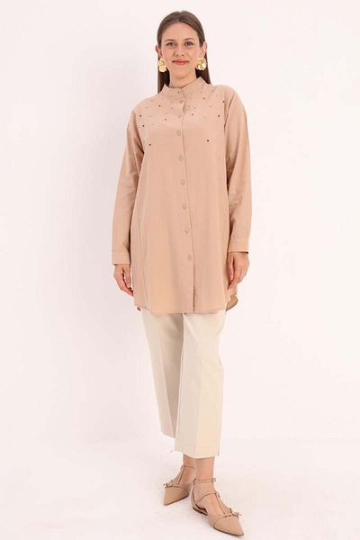 ALLDAY Beige-Cotton Stone Detailed Shirt Tunic