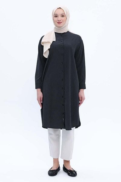 ALLDAY Black-Cotton Striped Long Poplin Shirt