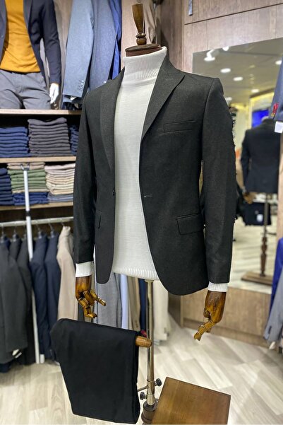 TUNAHAN ERKEK GİYİM Slimfit Kesim Erkek Düz Desen Tek Ceket-FÜME