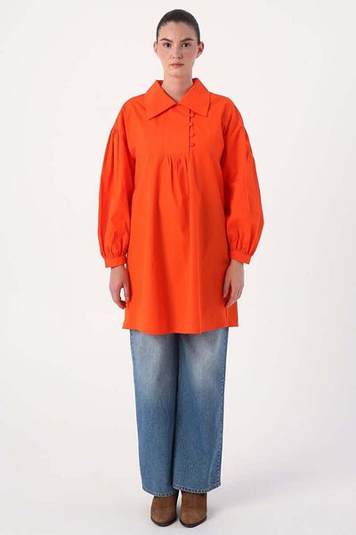 ALLDAY Dark Orange-Shirt Collar Drawstring Detailed Oversize Tunic