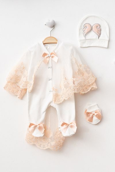 Ponpon Baby ثوب فضفاض للأطفال من الدانتيل الفرنسي مع تفاصيل جناح الملاك هدية لالتقاط الصور