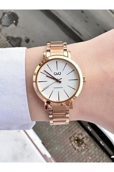 Q&Q Rose Gold White Striped Dial Indicator - Classic Watch with Metal Band
