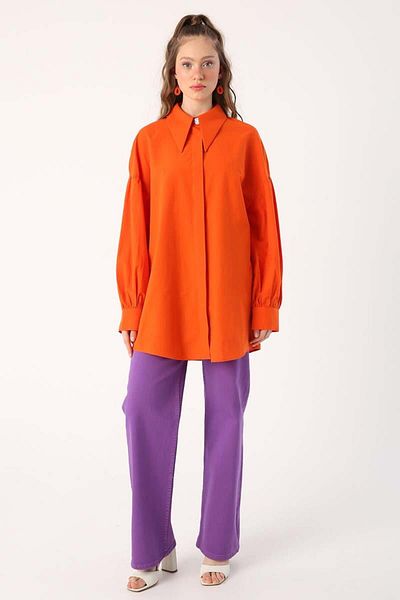 ALLDAY Orange-Oversize Pointed Collar Cotton Shirt Tunic