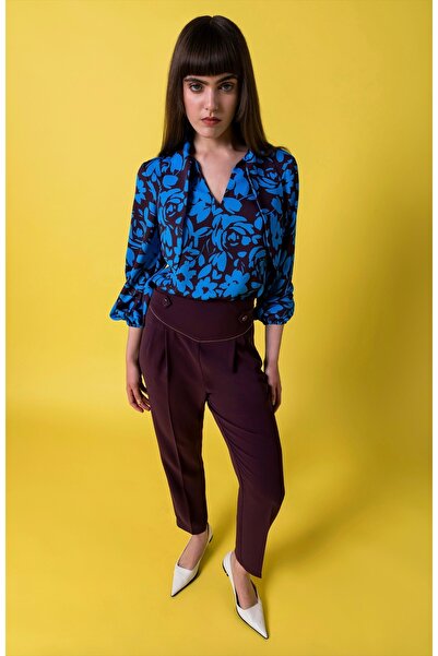 KAMEYA Beli Düğme Detaylı Pileli Mürdüm Pantolon