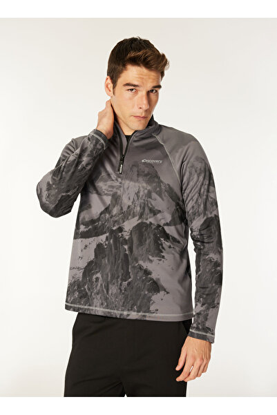 Discovery Expedition Antrasit Erkek Fermuarlı Yaka Basic Fit Desenli Uzun Kollu T-Shirt D4WM-TST3998