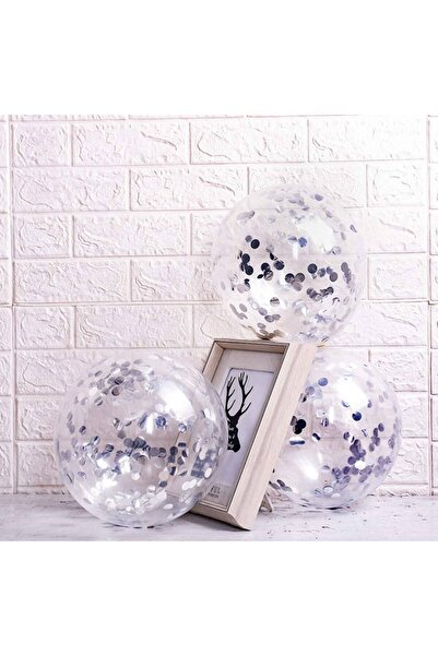 Ezgi Party Store 10 Pieces 30 cm Gray Sequin Silver Confet Transparent Balloon - Colorless Scale Design