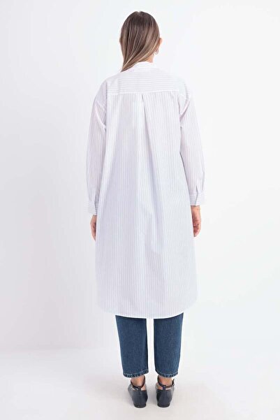 ALLDAY White-Blue-Cotton Striped Poplin Shirt Tunic