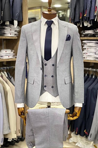 TUNAHAN ERKEK GİYİM Slimfit Kesim Armur Desen Erkek Yelekli Takim Elbise-BUZ ...