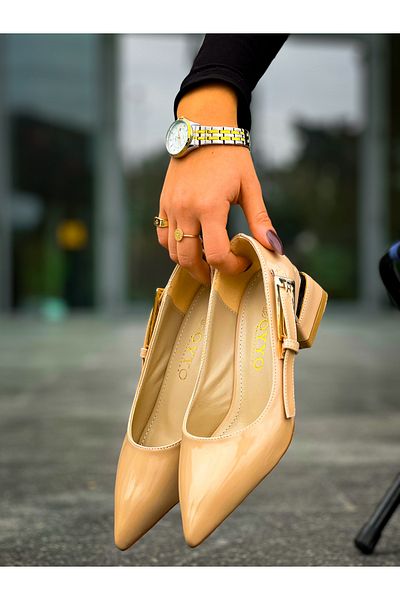 Buem Shiny Patent Leather Women's Casual Shoes with Gold Buckle and Heel Detail