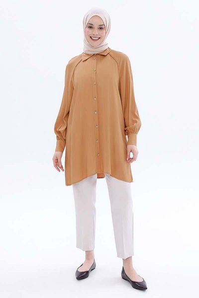ALLDAY Camel-Plus Size Raglan μανίκι πουκάμισο τουνίκ