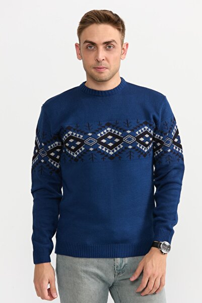 TUNAHAN ERKEK GİYİM Slimfit Kilim Desen Kazak 234-mavi