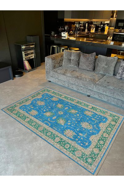 Rugs Modern Halı Crescent Collection Antique Look Green Blue Woven Base Moder...