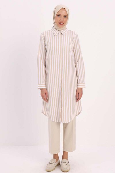 ALLDAY Beige-White-Hidden Placket Shirt Tunic