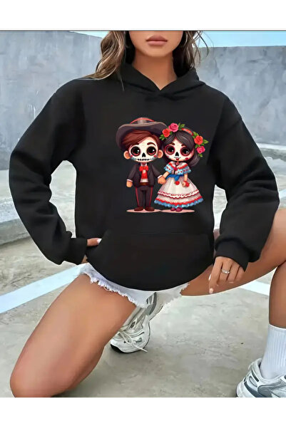 Marco Fresco Hanorac unisex cu imprimeu cu schelet care se ține de mână, pent...