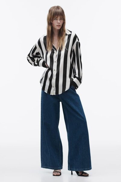 Madmext Fekete csíkos túlméretezett női ing MG1850