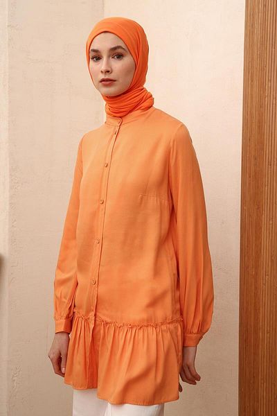 ALLDAY Soft Orange-Natural Fabric Skirt Ruffled Prevailing Collar Shirt Tunic