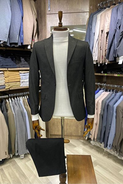 TUNAHAN ERKEK GİYİM Slimfit Kesim Erkek Düz Desen Tek Ceket-FÜME