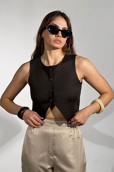Manche Asymmetrical Cut Vest with Button Detail |   Black Mkw 371165 -01