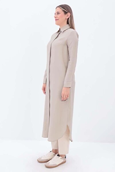 ALLDAY Beige-Hidden Placket Long Shirt Tunic