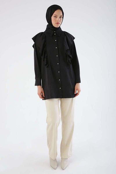 ALLDAY Black-Stone Drop Flounce Satin Shirt Tunic