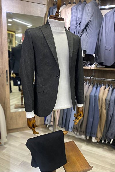 TUNAHAN ERKEK GİYİM Slimfit Kesim Erkek Düz Desen Tek Ceket-FÜME