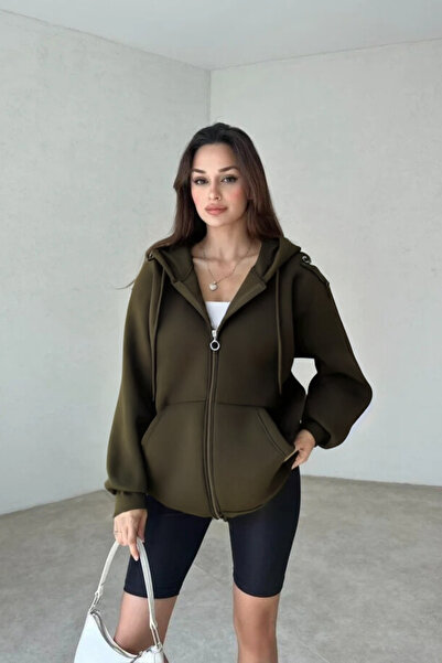 YAKAMEL Kadın 3 İplik Oversize Kapüşonlu Fermuarlı Hırka Sweatshirt