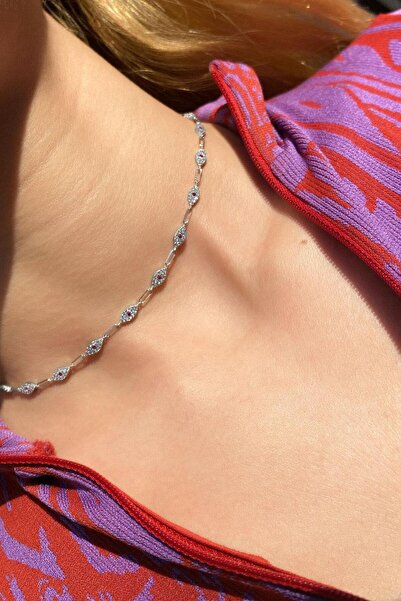 Spossy Silver Jewelry 925 Ayar Gümüş, Fuşya Taşlı Göz Choker Kolye