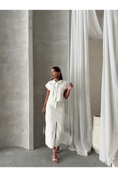 Miss Allos Women's Short Sleeve Double Pocket Sequin Sequin Embroidered Denim Jacket and Split Knee Length Denim Skirt Bottom Top Suit