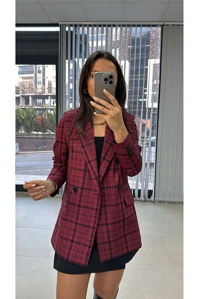 caddstore Jachetă blazer în carouri Foo Burgundy neagră