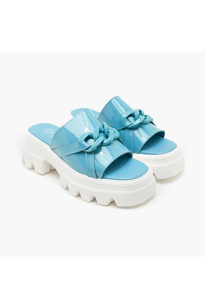 Desa Jessica Blue Women's Chain Detailed Leather Slippers