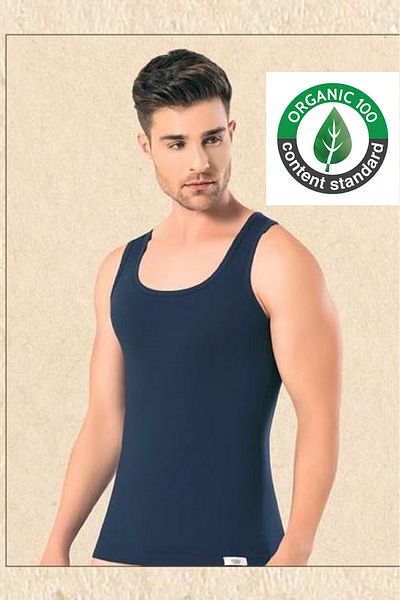 OMERA Navy Blue 3 Pieces Organic Cotton and Lycra Men's Undershirt - Ocs Certified
