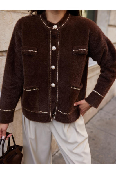 NATUFIAN STORE Guler maro pentru bebeluși, cu nasturi de perle, buzunar dublu, tricotaj pentru femei, cardigan